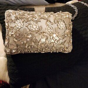 Silver Rhinestone Clutch with Removable Chain